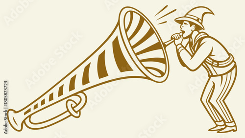 Man in striped suit and hat blowing a large striped horn with sound waves coming from the horn