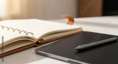 Open ring binder notebook rests beside a digital drawing pad and stylus on a bright desk surface