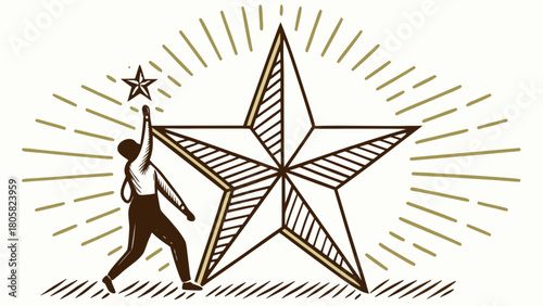 Illustration of a person reaching for a star next to a large star with radiating lines around it