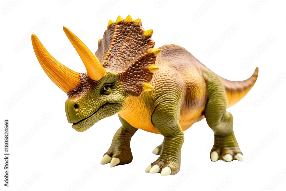 Obraz premium A vibrant. detailed toy model of a Triceratops dinosaur its distinctive three horns and frill. positioned on a clean white background. ideal for educational and decorative purposes