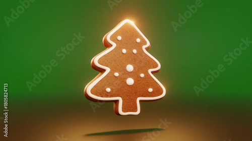 A festive gingerbread Christmas tree, perfectly decorated with white icing, floats against a vibrant green background, symbolizing holiday cheer.