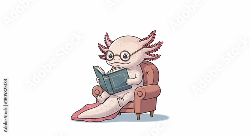 An adorable pink axolotl character wearing spectacles and relaxing in a chair with a storybook, a symbol of learning and knowledge