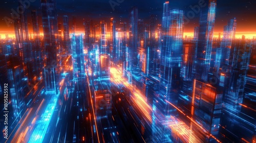 futuristic neon city skyline at night with glowing blue and orange skyscrapers, streaking light trails and motion blur conveying an energetic high-tech atmosphere