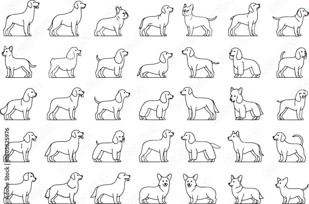 Obraz premium Various dog breed outlines in a repeating pattern ideal background