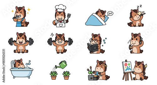 Versatile Cartoon Horse Character Stickers A Whimsical Collection of Daily Activities and Hobbies Featuring Cute Equine Emojis