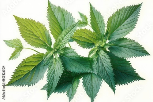 Two fresh stinging nettle sprigs with vibrant serrated green leaves on a clean white background, evoking freshness and vitality