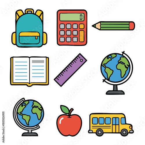 Colorful School Supplies Illustration Featuring Backpack Calculator and Globe.