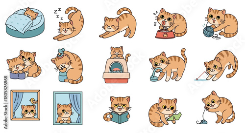Cartoon Cats Stickers Set Ginger Kitten Daily Activities and Emotions
