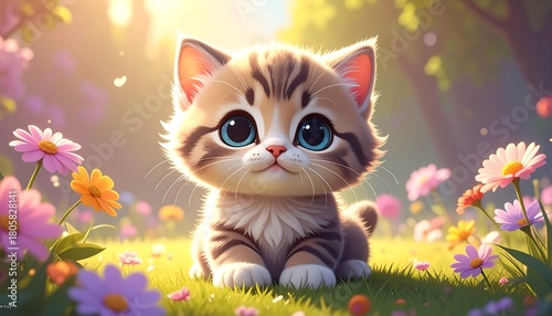 A wide-eyed tabby kitten sits sweetly in a sunlit, blossoming field with soft lighting and bokeh background