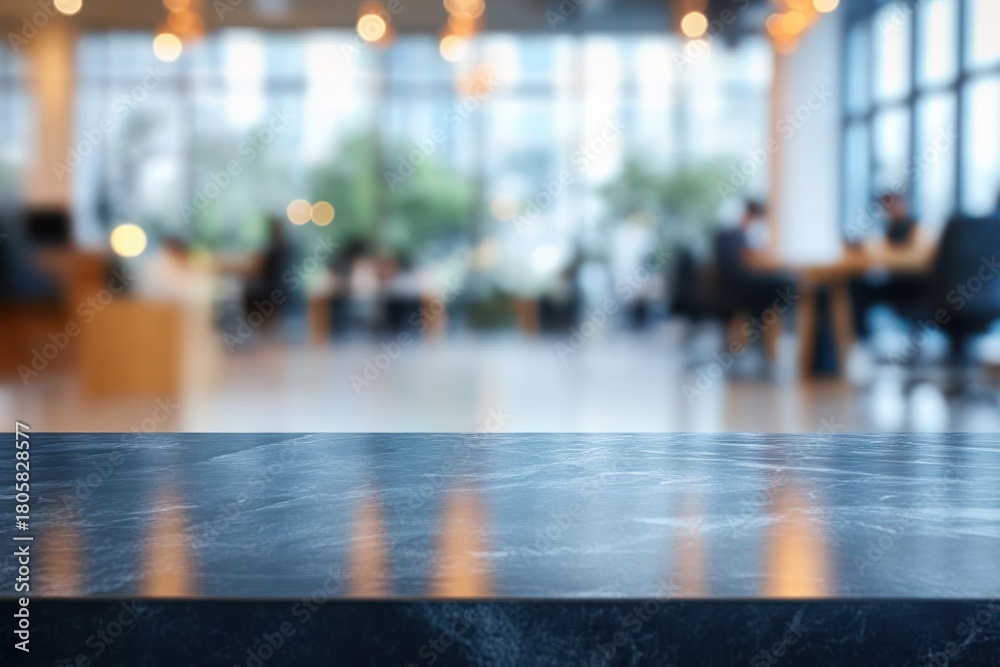 custom made wallpaper toronto digitalpolished dark stone countertop in foreground with blurred modern coworking cafe interior, people and warm bokeh lights conveying a cozy productive atmosphere