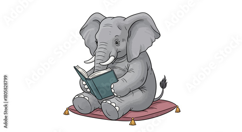 Charming illustration of an intelligent elephant engrossed in a captivating story, sitting comfortably on a soft cushion while reading a book