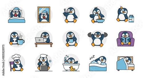 Charming cartoon penguins portraying diverse daily life activities and routines, from morning wake-up to evening relaxation, illustrating various moods and tasks with delightful expressions