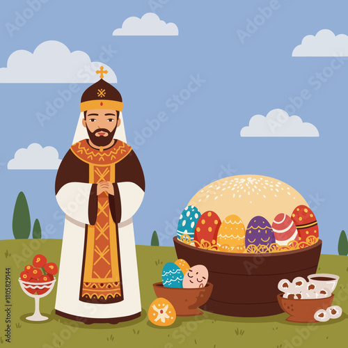 Religious man celebrating Easter with eggs, bread and apples for a festive holiday meal