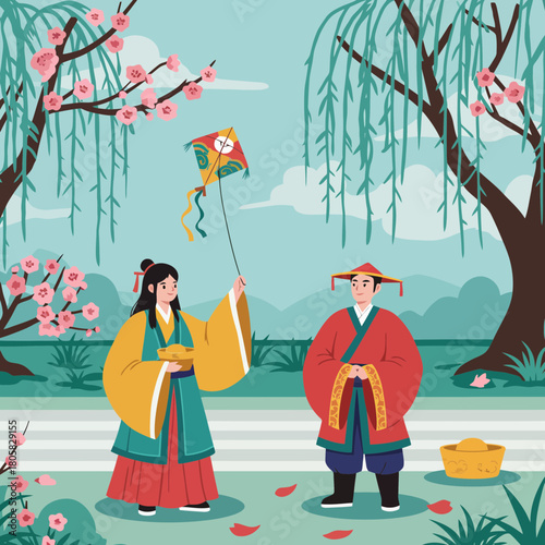Celebrate Chinese traditions and rich culture with a kite flying couple in a garden