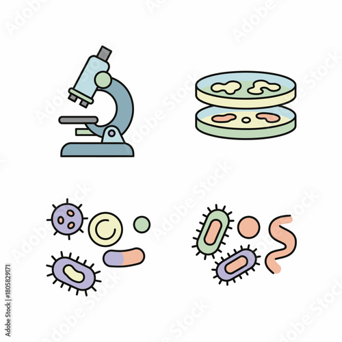 Microbiology Icons Microscope Petri Dishes and Diverse Microorganisms.