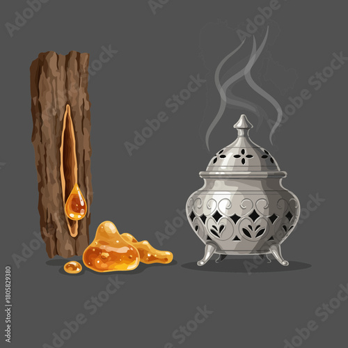 Aromatic frankincense resin with silver incense burner, perfect for aromatherapy rituals