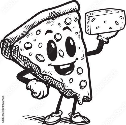 Pizza Slice Cartoon Illustration: A cheerful pizza slice character, complete with a joyful expression and holding a block of cheese.