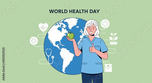 Celebrating World Health Day with a happy nurse promoting wellness and healthy eating