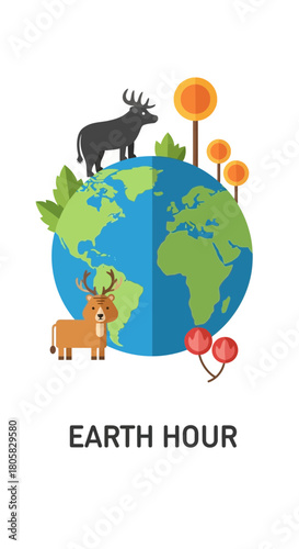 Celebrate Earth Hour with earth globe and animals, promote environmental awareness event