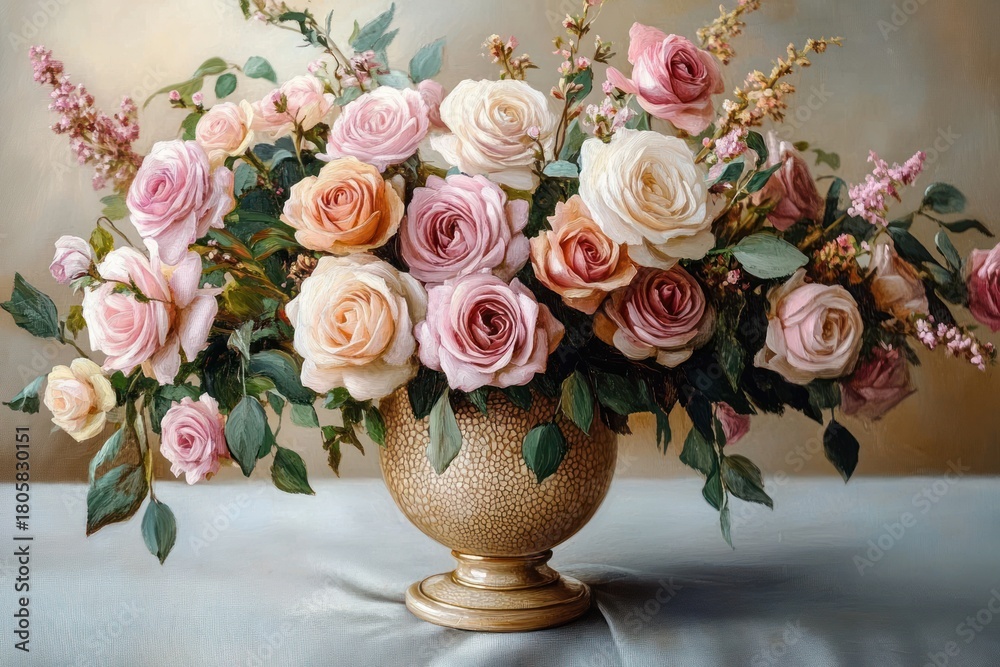 Obraz premium ornate golden vase overflowing with pink, peach and cream roses, green leaves and delicate filler blooms on a draped tablecloth, evoking a romantic serene mood