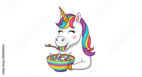 A happy cartoon unicorn with a rainbow mane eating colorful cereal for breakfast from a bowl