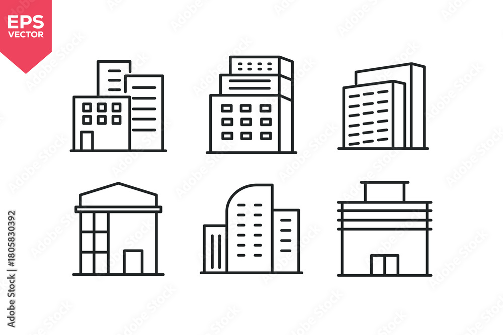 Fototapeta premium Set of line icons related to building, commercial building, bank, corporate tower, modern skyscraper. Editable stroke. Vector illustration