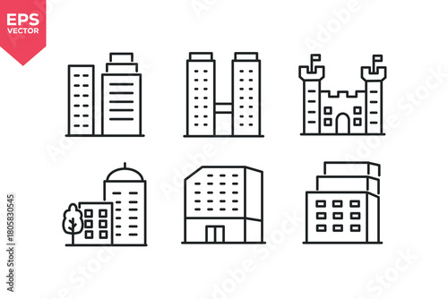 Set of line icons related to building, cluster, two identical tall buildings.  Editable stroke. Vector illustration