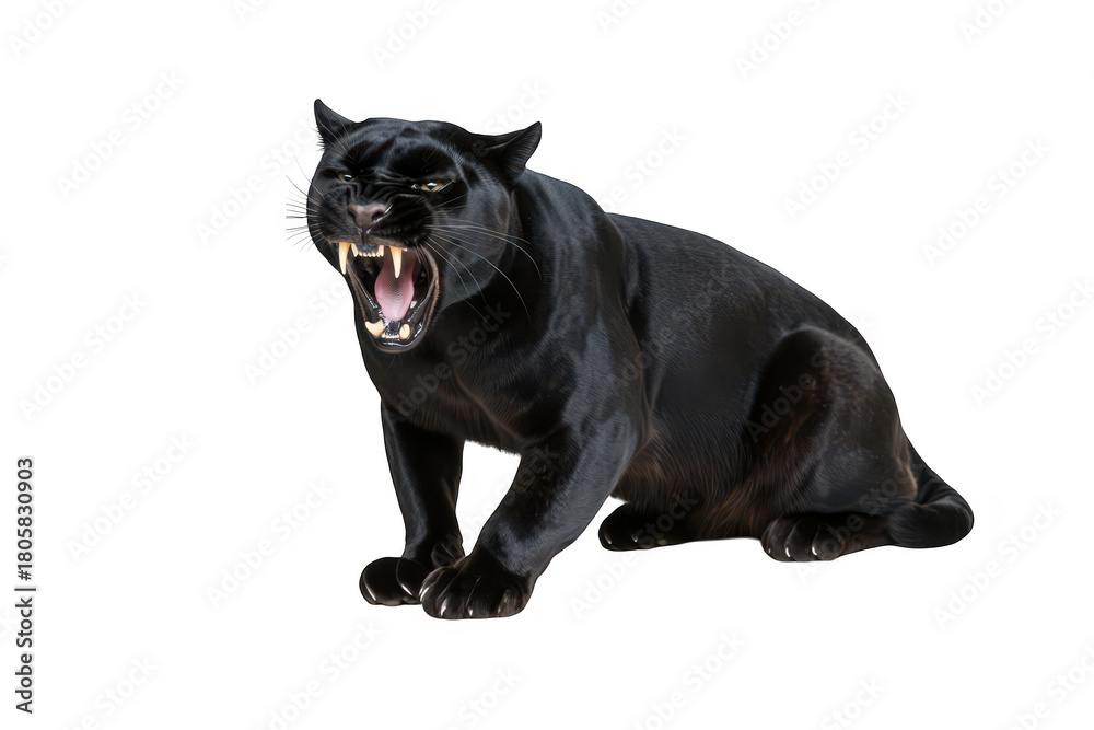 Fototapeta premium A fierce black panther growling with bared teeth. its powerful physique and sharp claws. set against a clean white background. ideal for wildlife and animal photography