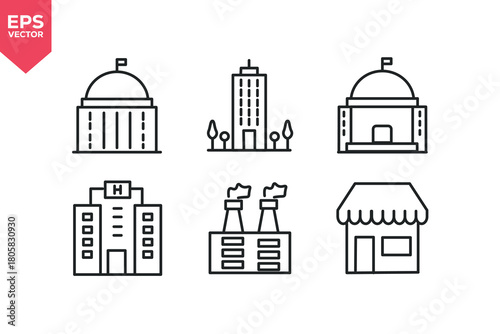 Set of line icons related to capitol, museum, public building, hotel, factory, storefront. Editable stroke. Vector illustration