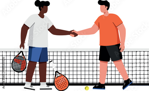 Illustration of two players shaking hands over a net in a 2D vector padel sport scene with rackets and ball on the court.