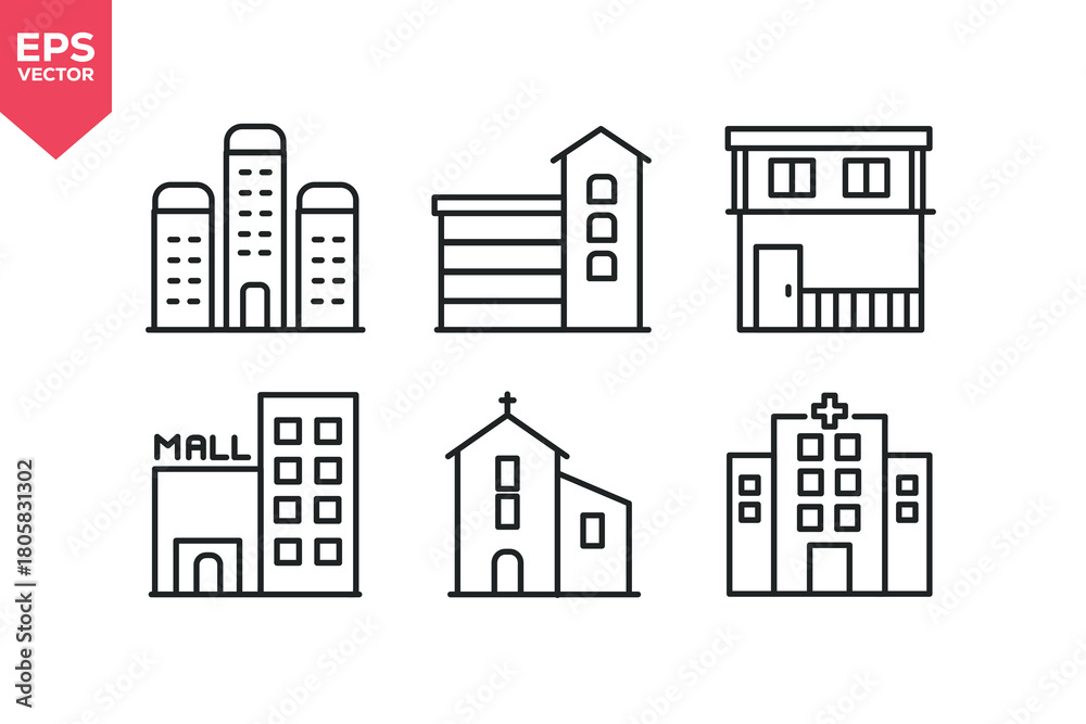 Fototapeta premium Set of line icons related to city tower, parking garage, shopping mall, religious building, medical center. Editable stroke. Vector illustration