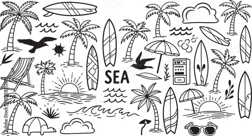 Summer beach black and white doodle pattern vector illustration isolated