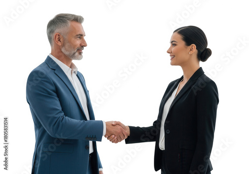 Two smiling business professionals shaking hands, sealing a deal, partnership, or making a formal introduction.