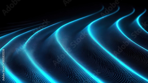 Mesmerizing glowing blue wave ridges and dotted particle grid on a dark background, futuristic calming digital motion