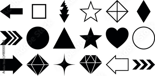 Collection of black geometric shapes and arrows on white background