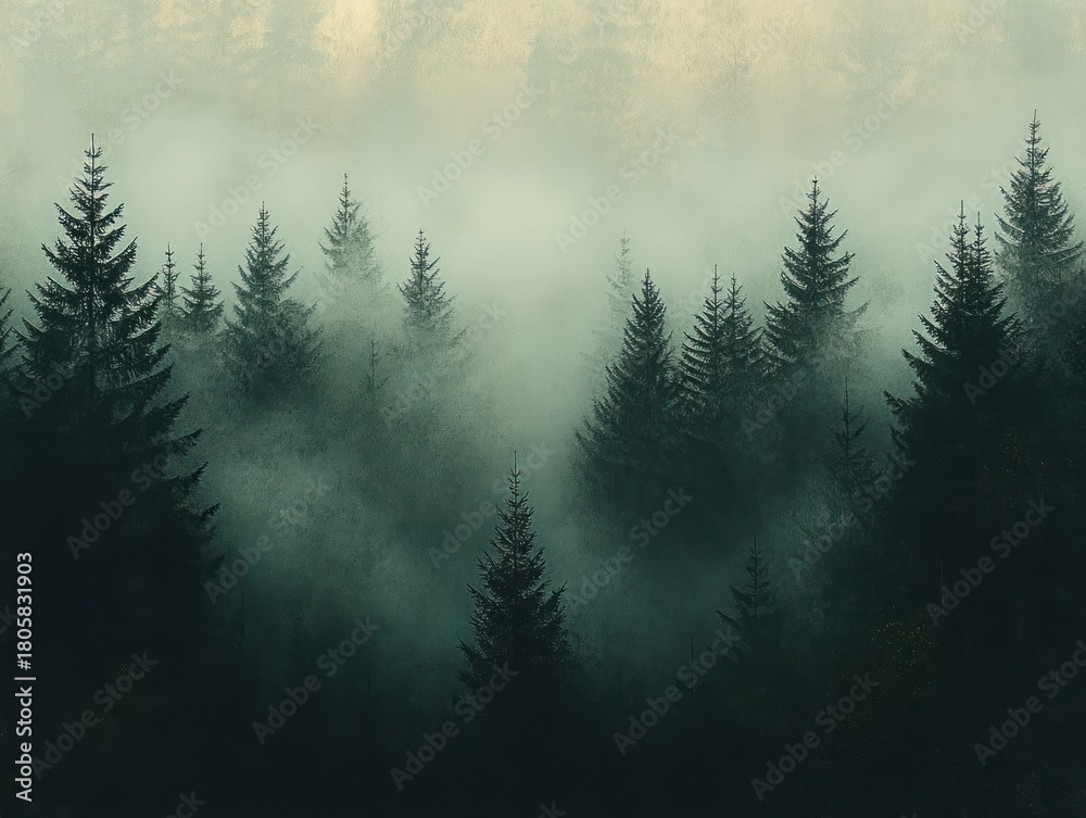 Fototapeta premium fog-shrouded evergreen forest with tall fir trees, layered mist and moody teal light conveying solitude and mystery