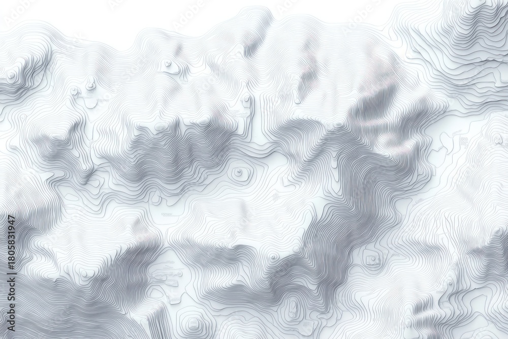 Obraz premium monochrome aerial topographic landscape of layered contour lines forming mountains, ridges and valleys with soft shadows and a calm, contemplative mood