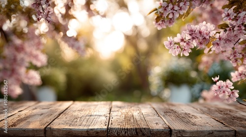 Fototapeta Naklejka Na Ścianę i Meble -  Wooden table in a spring garden with blossom flowers
