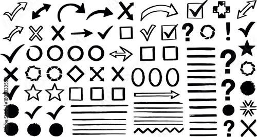 Collection of hand drawn doodle symbols arrows checkmarks circles xs and stars