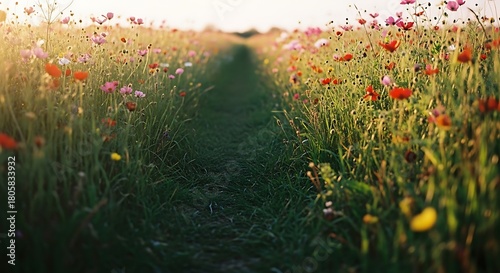 Vast Poppy Field Path at Golden Hour.