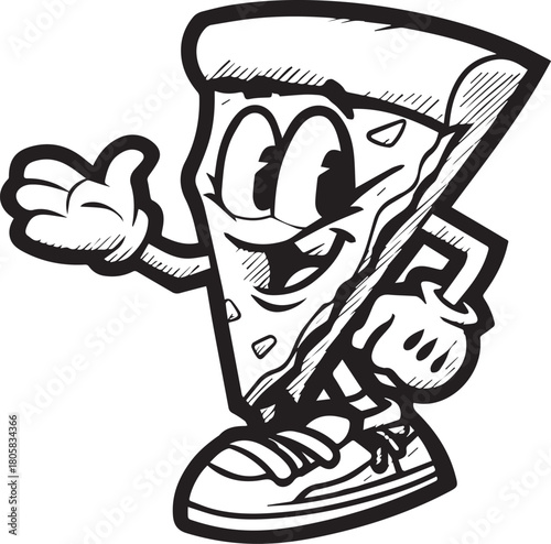 Cheerful Pizza Slice: An engaging illustration of a cartoon pizza slice with a friendly face. with hands and shoes, exuding warmth and inviting one to a delightful taste experience.