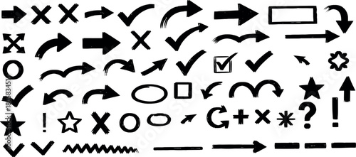 Collection of red hand drawn scribbles and cross marks on white background