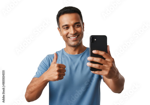 Man taking selfie isolated on transparent background with thumbs up