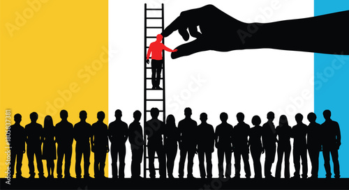 Concept illustration of recruitment and career growth showing hand selecting candidate from crowd climbing ladder for job opportunity.