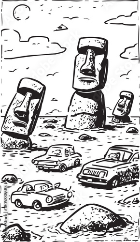 Easter Island Moai and Cars: Captivating monochrome artwork depicts the iconic Moai statues of Easter Island alongside classic cars, blending ancient history with a touch of modern life.