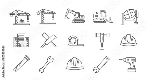 Construction Equipment and Tools Icons Crane, Excavator, Concrete Mixer, and More - Engineering Elements