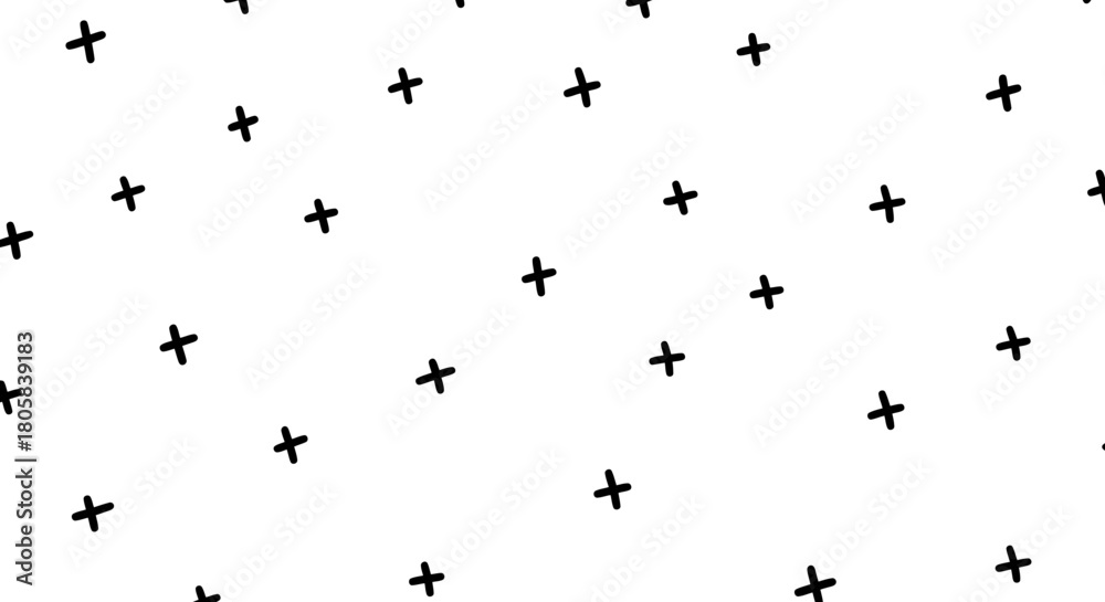 Obraz premium A simple, minimalist pattern of scattered black plus signs on a white background.