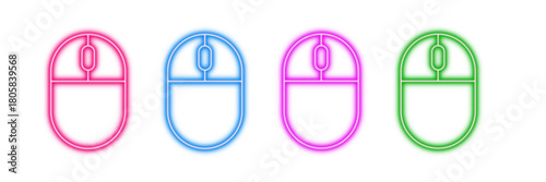 Neon glowing computer mouse vector icons set, cursor, click, peripheral, device, technology, digital interface, vibrant colorful glowing outline on  transparent background.