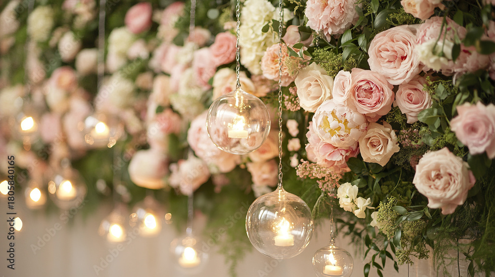 Fototapeta premium Soft pink wedding backdrop with full floral wall featuring roses and hanging glass candle holders creating romantic and elegant atmosphere for special occasions