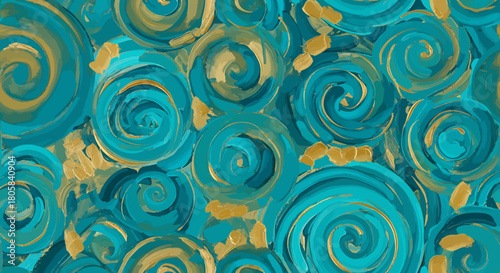 Abstract painting with teal and gold swirls, creating a dynamic and textured visual effect.